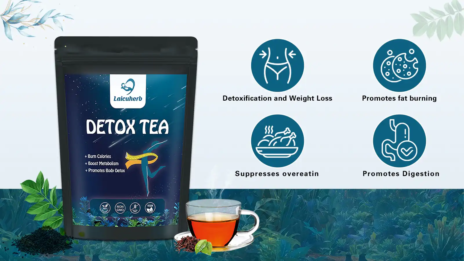 Detox tea offers a variety of benefits, including detoxification and weight loss, inhibition of excessive eating, promotion of fat burning, and improvement of digestion Detox tea offers a variety of benefits, including detoxification and weight loss, inhibition of excessive eating, promotion of fat burning, and improvement of digestion