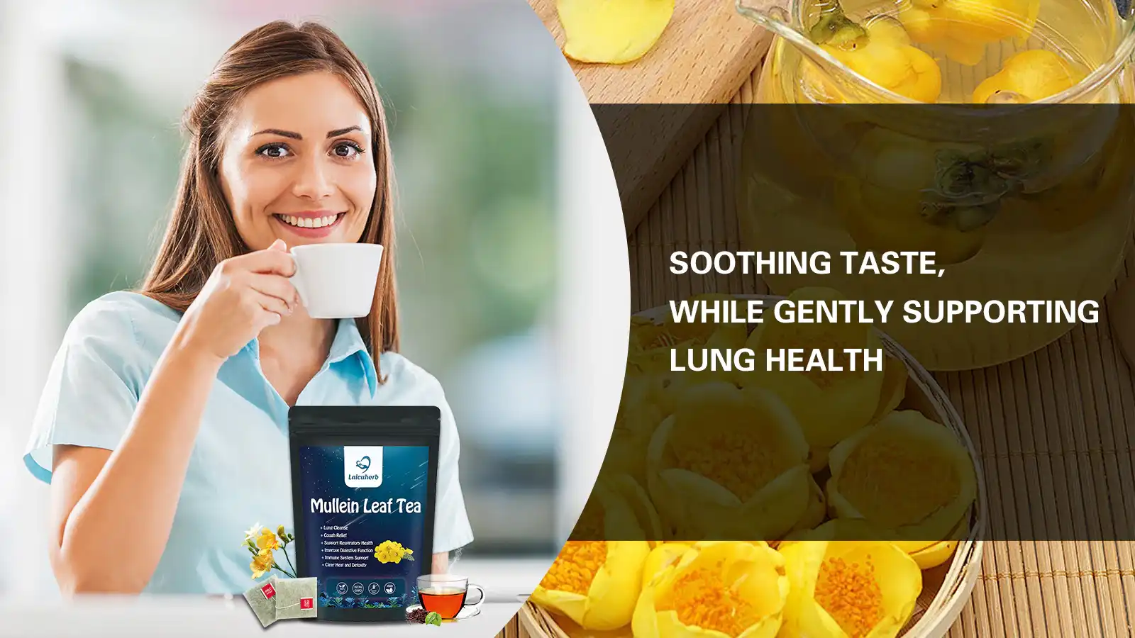 Laicuherb mullein tea is 100% organic. Its taste is different from the teas on the market that contain special flavor additives. Its taste is more natural and when you drink it, you can smell a faint aroma of plants Laicuherb mullein tea is 100% organic. Its taste is different from the teas on the market that contain special flavor additives. Its taste is more natural and when you drink it, you can smell a faint aroma of plants