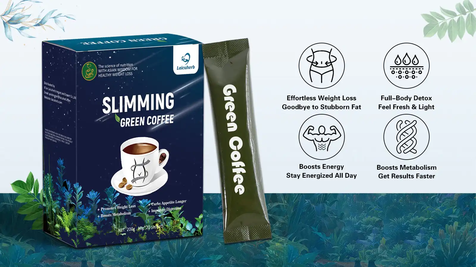 Laicuherb's Slim Green Coffee Powder helps boost metabolism, aid in weight loss, and enhance overall energy. Laicuherb's Slim Green Coffee Powder helps boost metabolism, aid in weight loss, and enhance overall energy.