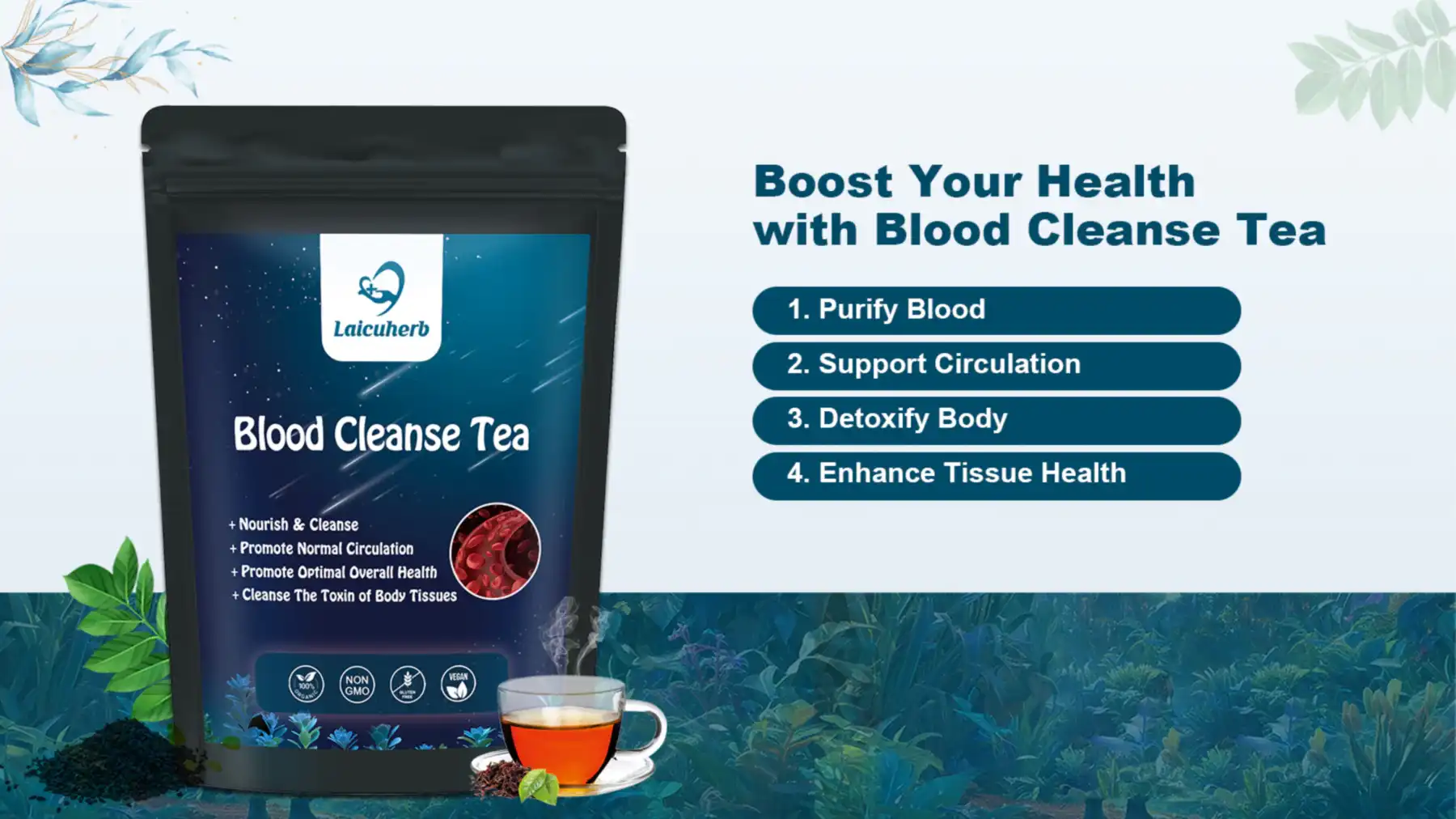 Laicuherb's Natural Blood Cleansing Tea is mainly used to purify toxins in the blood Laicuherb's Natural Blood Cleansing Tea is mainly used to purify toxins in the blood