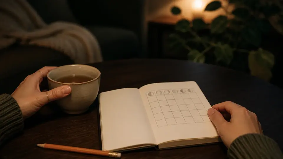 Evening tea with a simple cycle tracking notebook