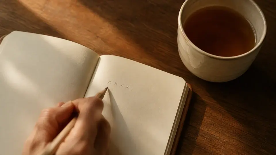A hand recording observations in a blank notebook beside tea