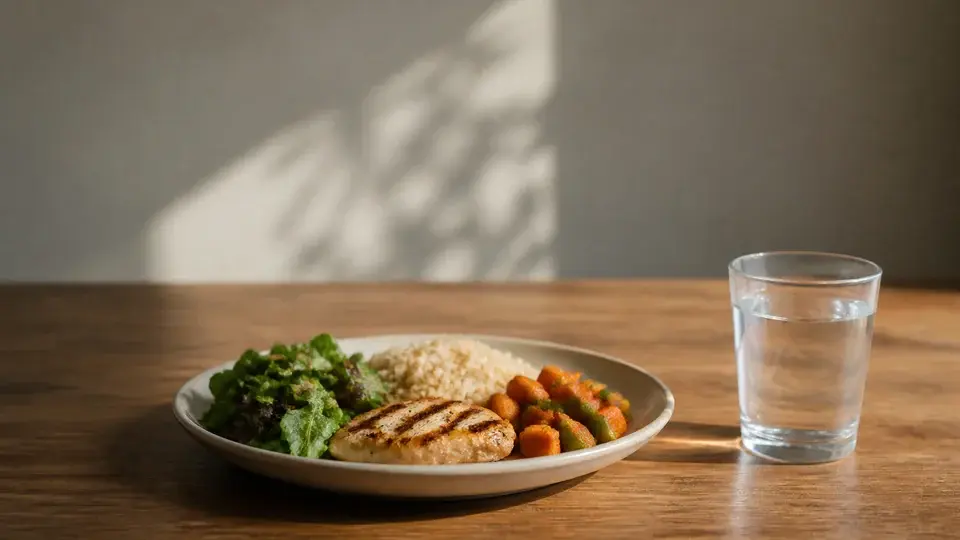 Balanced lunch and a glass of water