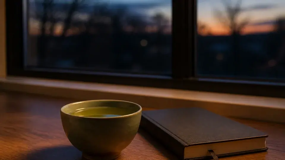 A tea cup beside a journal as daylight fades A tea cup beside a journal as daylight fades