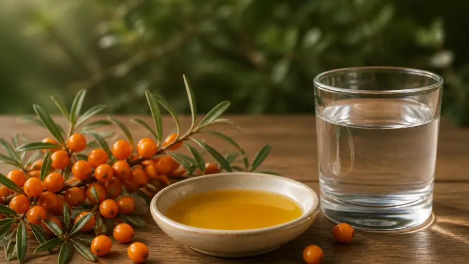 Sea buckthorn berries and golden plant oil beside water