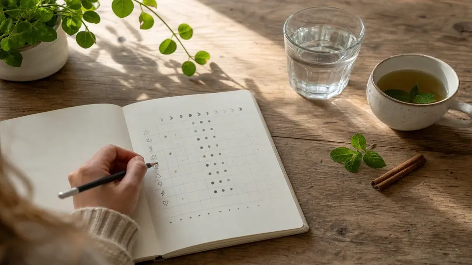 Cycle tracking journal with tea and water Cycle tracking journal with tea and water