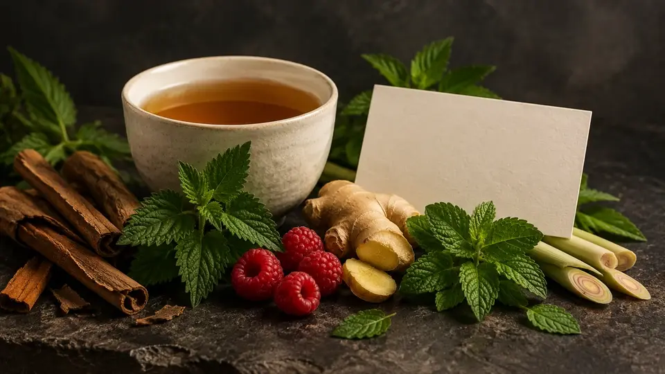 Herbal tea label reading scene with tea ingredients