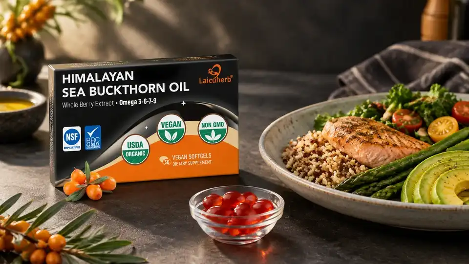 Authentic Laicuherb Himalayan Sea Buckthorn Oil beside a meal and oral softgels Authentic Laicuherb Himalayan Sea Buckthorn Oil beside a meal and oral softgels