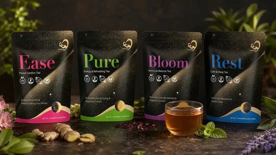 Authentic Laicuherb Ease Pure Bloom and Rest tea products arranged as a phase sequence Authentic Laicuherb Ease Pure Bloom and Rest tea products arranged as a phase sequence