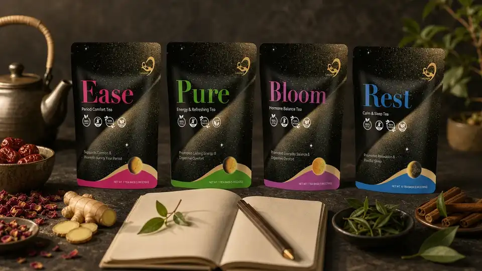 Laicuherb Ease Pure Bloom and Rest tea pouches arranged in observed cycle phase order Laicuherb Ease Pure Bloom and Rest tea pouches arranged in observed cycle phase order