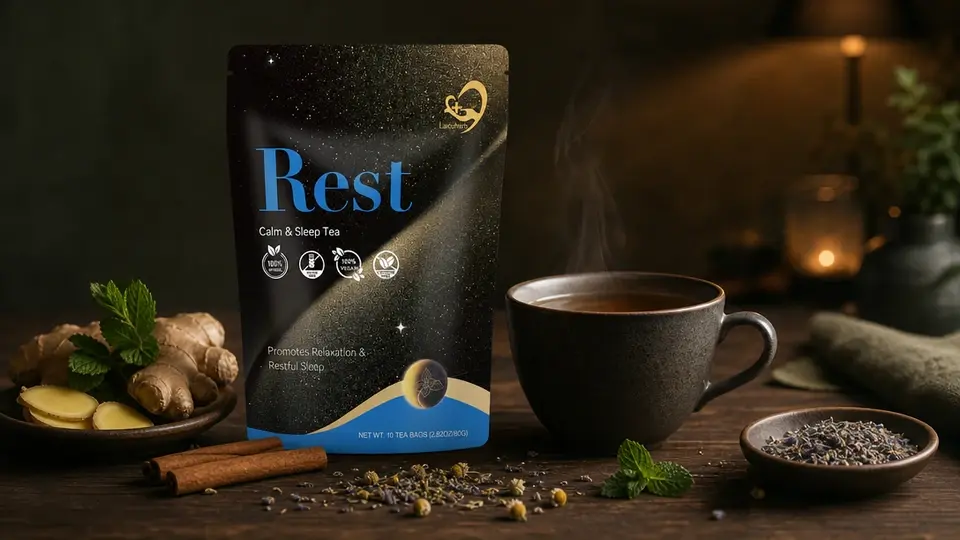 Laicuherb Rest Calm and Sleep Tea with a warm evening herbal tea cup