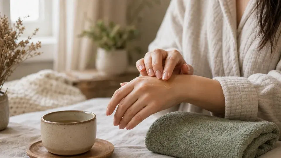 Realistic photo of a quiet postpartum skin care ritual with botanical oil and soft natural light