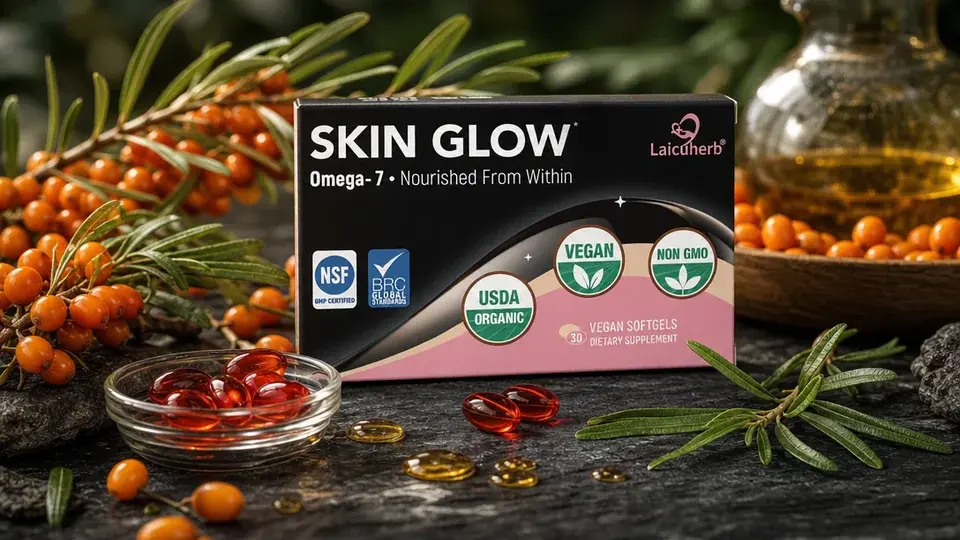 Realistic macro photo of Laicuherb Skin Glow Supplement with sea buckthorn berries, oil drops, and botanical ingredients Realistic macro photo of Laicuherb Skin Glow Supplement with sea buckthorn berries, oil drops, and botanical ingredients