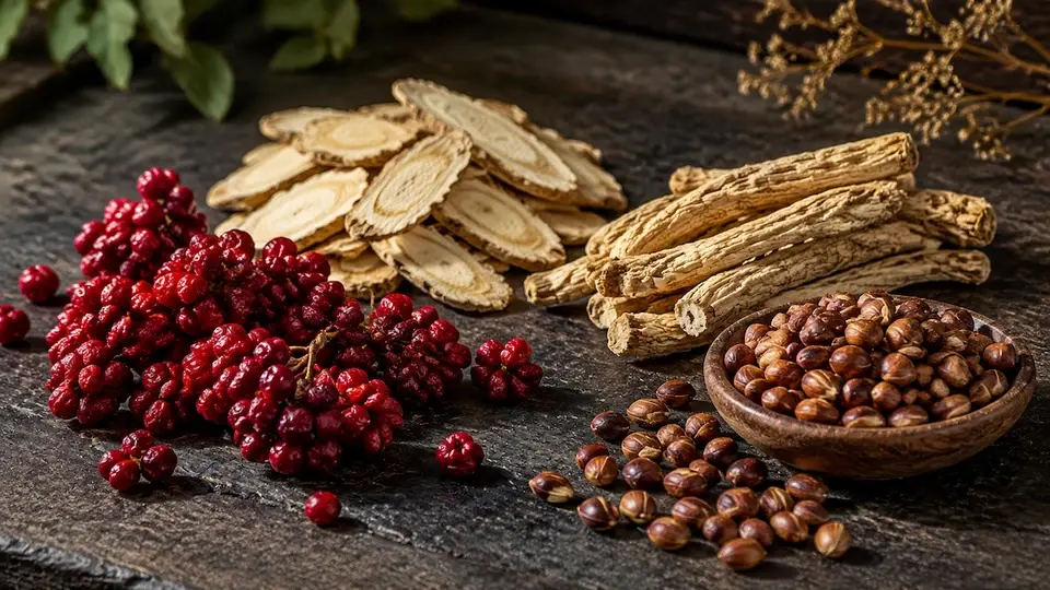 Realistic macro photo of schisandra berries, astragalus root, codonopsis root, and jujube seed arranged on a dark botanical worktable.