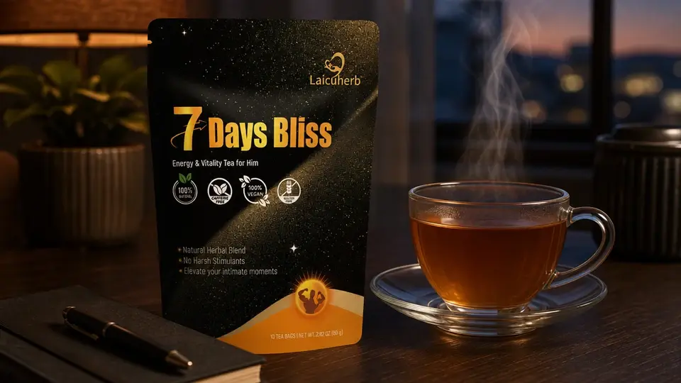 Laicuherb 7 Days Bliss Tea beside a steaming herbal tea cup, journal, and soft evening light.