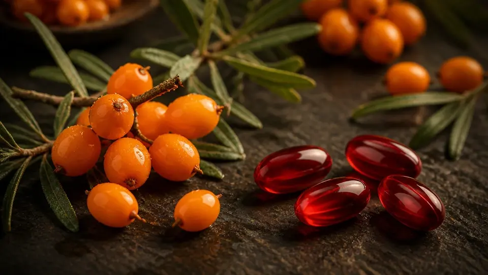 Sea buckthorn berries, red softgels and botanical leaves Sea buckthorn berries, red softgels and botanical leaves