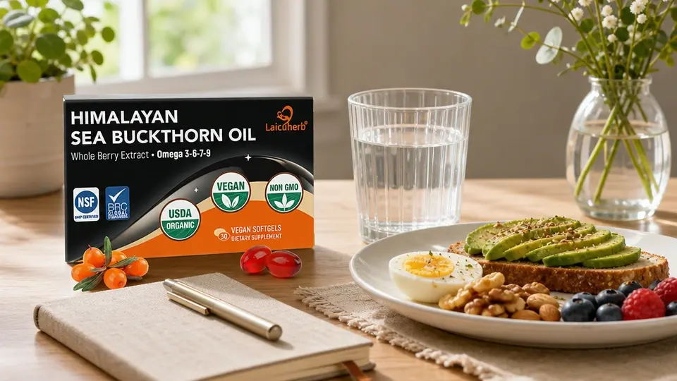 Laicuherb Himalayan Sea Buckthorn Oil beside water and a balanced breakfast