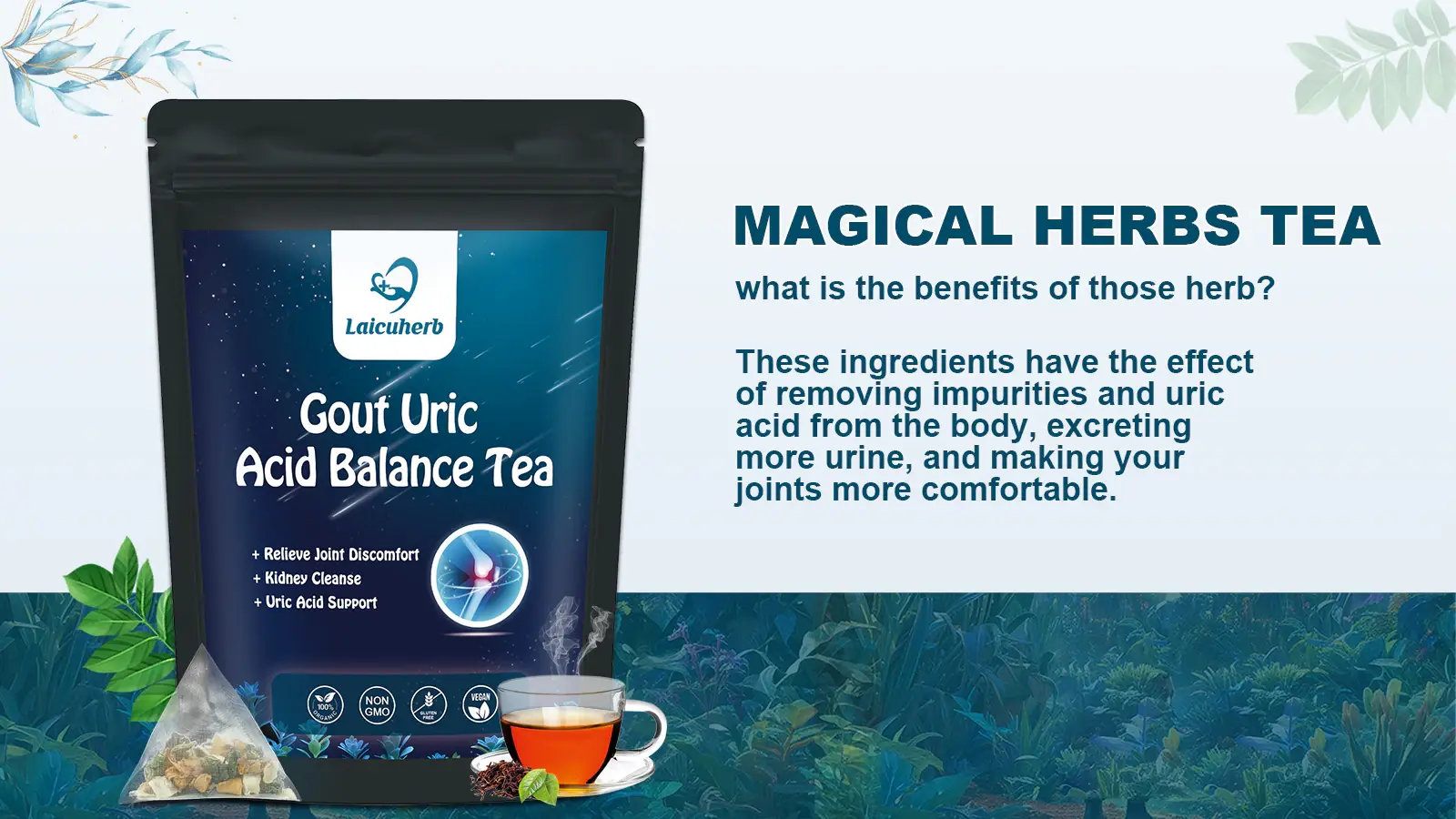 Laicuherb's Herbal Uric Acid Balance Tea can remove impurities from the body and alleviate gout.