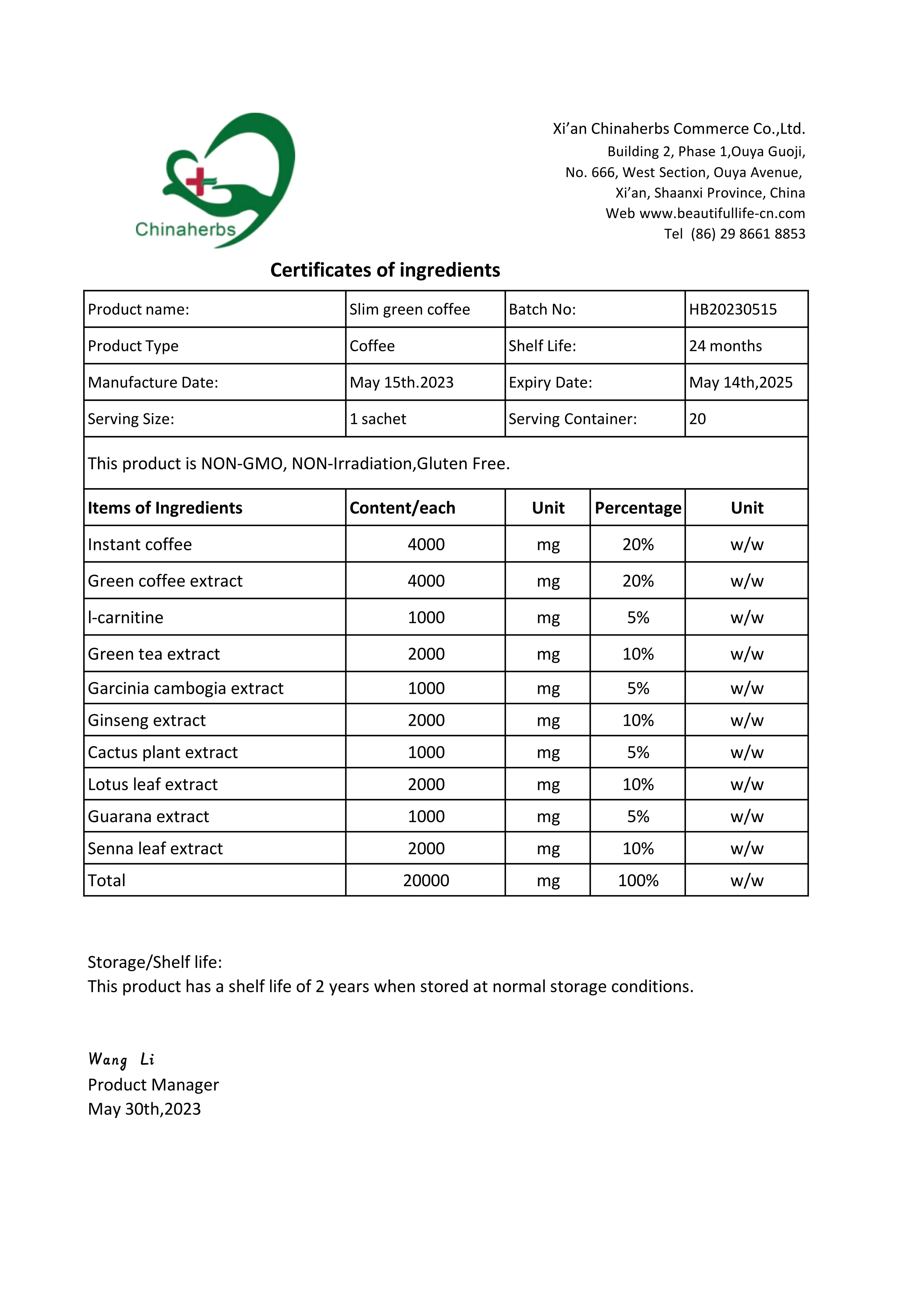 COI certificate of Slim Green Coffee Powder COI certificate of Slim Green Coffee Powder