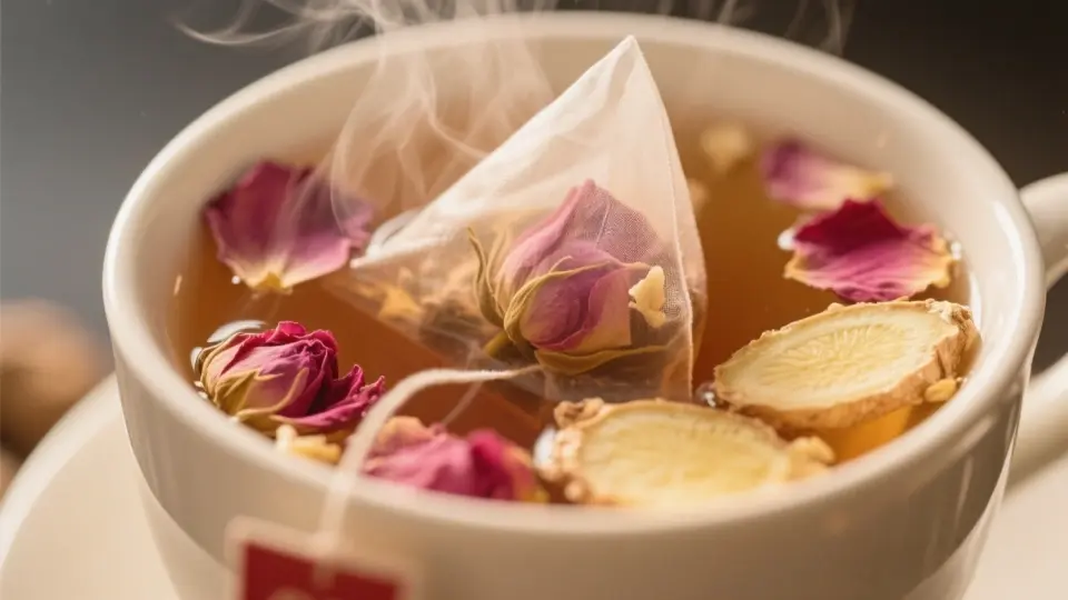 A steaming cup of Fibroid Cleanse Tea surrounded by Rose petals and Ginger slices