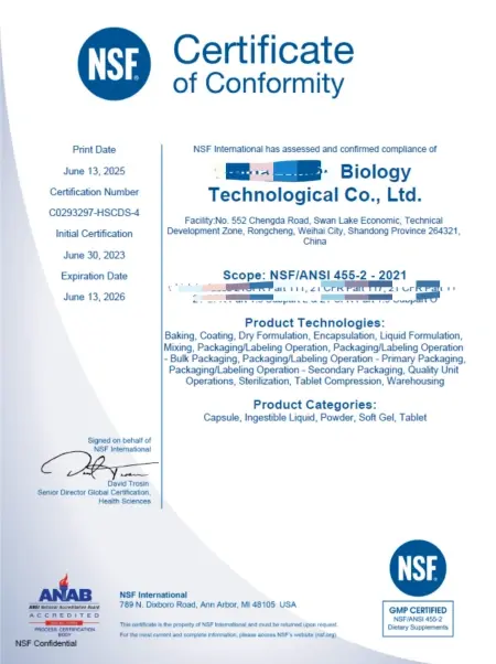 Laicuherb Sea Buckthorn Oil NSF-CGMP Certificate