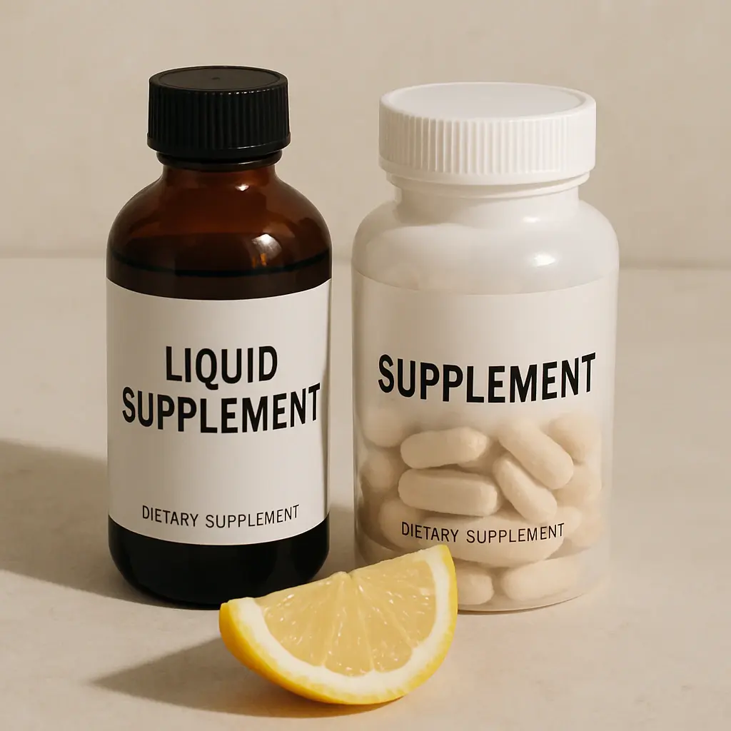 A photo of two supplement bottles—one liquid and one capsule—next to a fresh piece of lemon