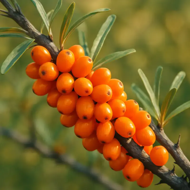 Sea buckthorn berries clinging to a thorny branch, with a soft, natural background