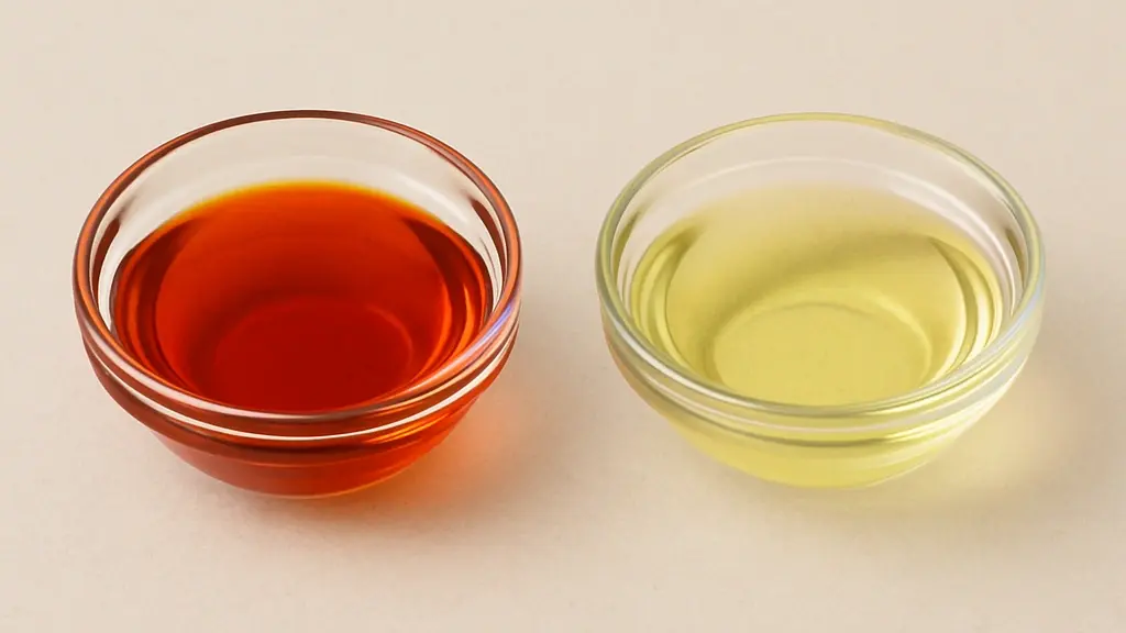 The left bowl contains a vibrant, deep reddish-orange oil. The right bowl contains a much lighter, pale yellow oil The left bowl contains a vibrant, deep reddish-orange oil. The right bowl contains a much lighter, pale yellow oil