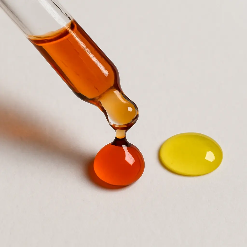 A close-up photo of a glass dropper with a deep orange oil droplet next to a lighter yellow oil droplet on a white background