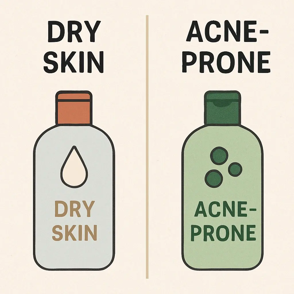A simple infographic-style photo showing a 'Dry Skin' bottle and an 'Acne-Prone' bottle side-by-side with labels