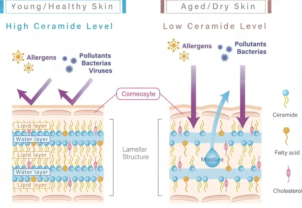 Diagram showing how ceramides and lipids lock in moisture within the epidermis Diagram showing how ceramides and lipids lock in moisture within the epidermis