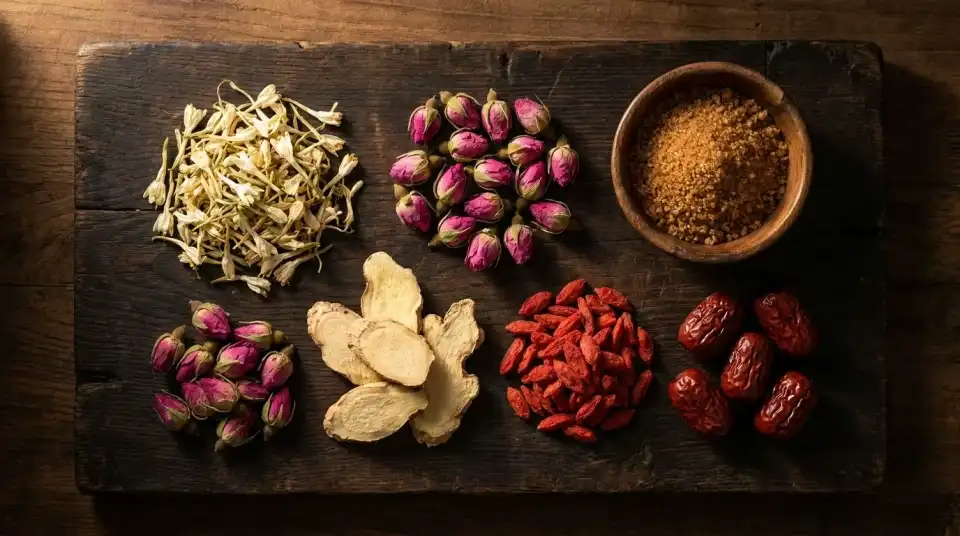 Raw botanical dry herbs of Bloom Hormone Balance Tea on a dark board Raw botanical dry herbs of Bloom Hormone Balance Tea on a dark board