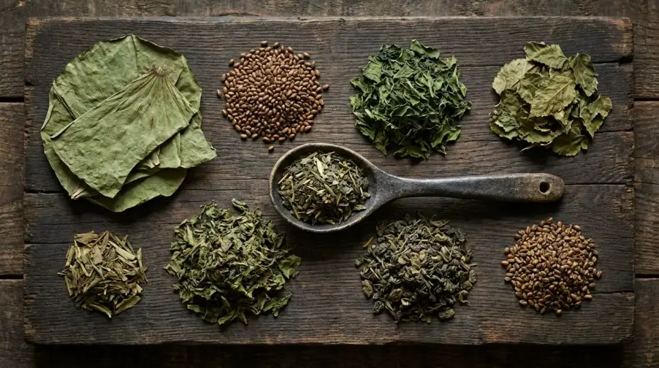Raw botanical dry green tea ingredients beautifully laid flat on a dark board
