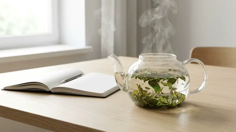 Steaming glass teapot with green tea brewing on a minimal light oak office desk