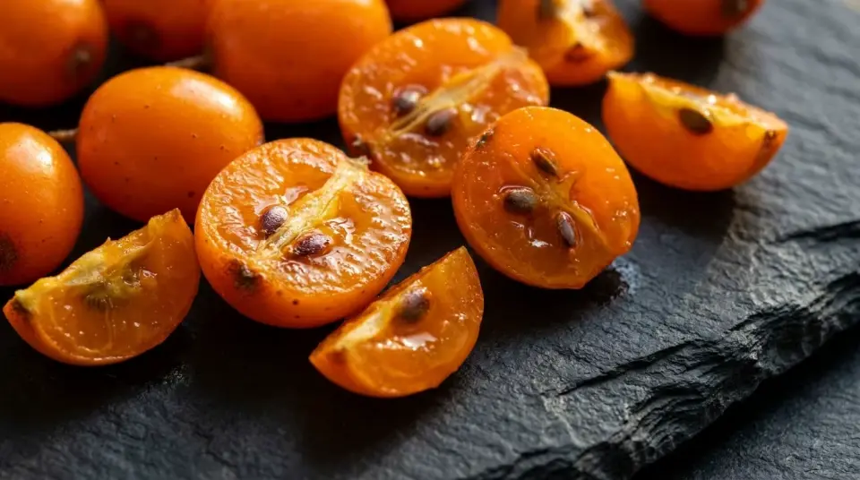 Close-up flat lay of sliced fresh orange sea buckthorn berries, showing seeds and pulp oil Close-up flat lay of sliced fresh orange sea buckthorn berries, showing seeds and pulp oil