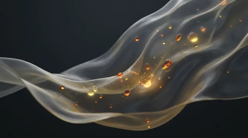 Abstract delicate membranes absorbing golden micro-droplets of oil representing cellular hydration