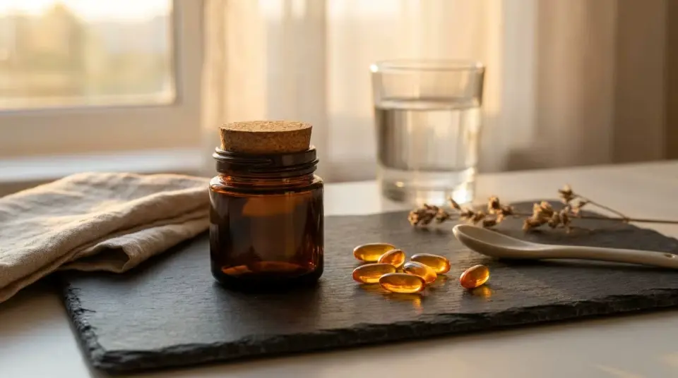 A dark amber glass jar next to glowing golden softgels with breakfast fat absorption