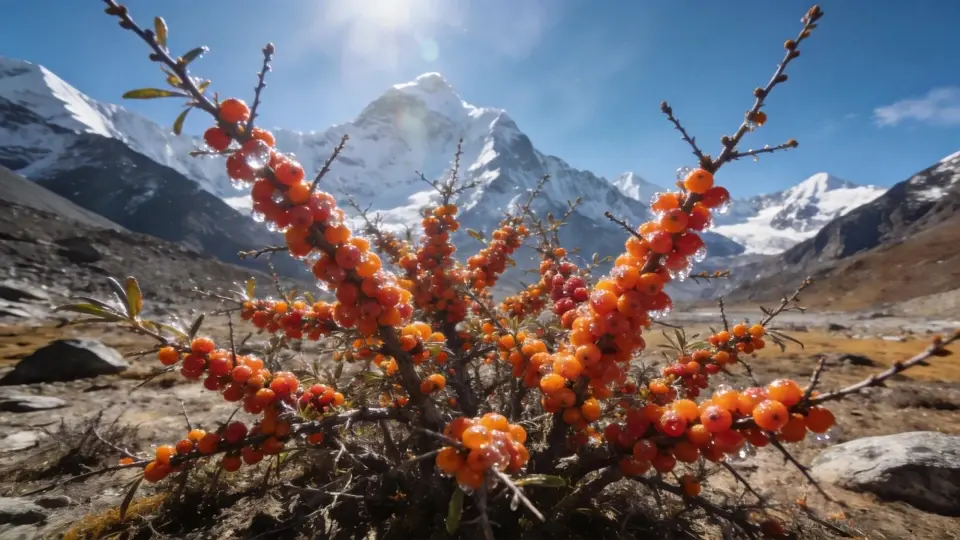 The scene of the sandberry branches thriving in the thin, high-altitude air The scene of the sandberry branches thriving in the thin, high-altitude air
