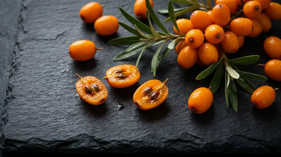 Flat lay of sliced open premium organic sea buckthorn berries, revealing glistening pulp and seeds Flat lay of sliced open premium organic sea buckthorn berries, revealing glistening pulp and seeds
