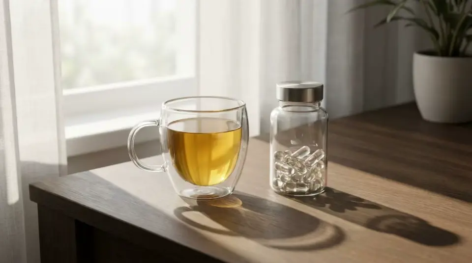 A transparent double-walled glass cup of warm tea and a glass capsule bottle on a minimalist table with morning light A transparent double-walled glass cup of warm tea and a glass capsule bottle on a minimalist table with morning light