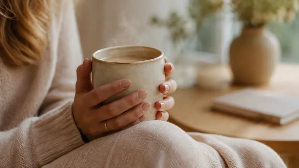 A Woman Gently Cupping a Warm Steaming Ceramic Mug of Tea for Menstrual Comfort