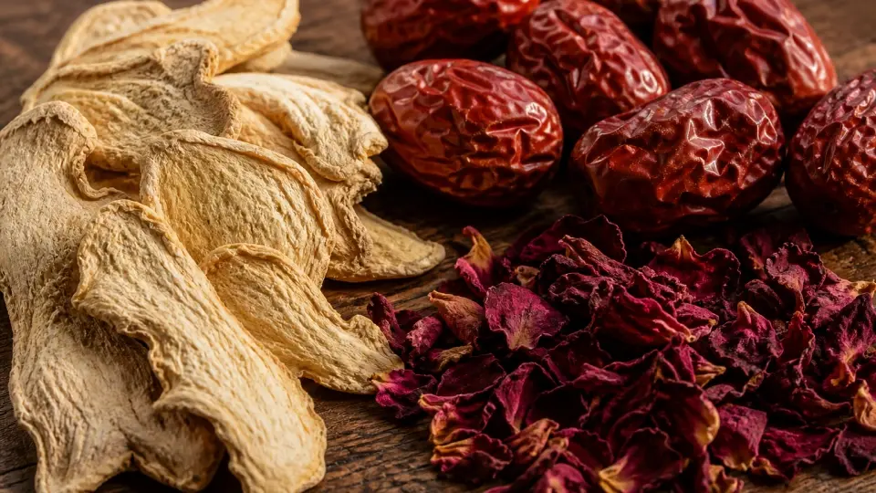 A Beautiful Selection of Whole Red Dates, Dried Ginger Slices, and Rose Petals A Beautiful Selection of Whole Red Dates, Dried Ginger Slices, and Rose Petals