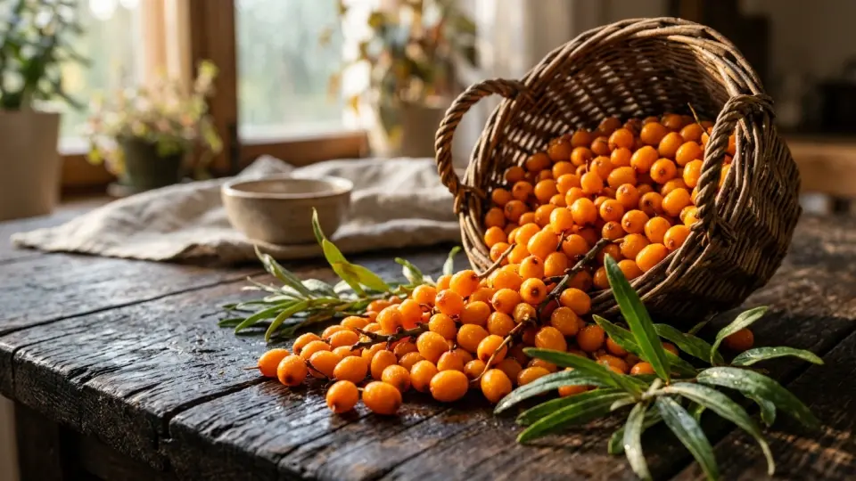 Freshly Harvested Plump Himalayan Sea Buckthorn Berries Spilling From a Woven Wicker Basket
