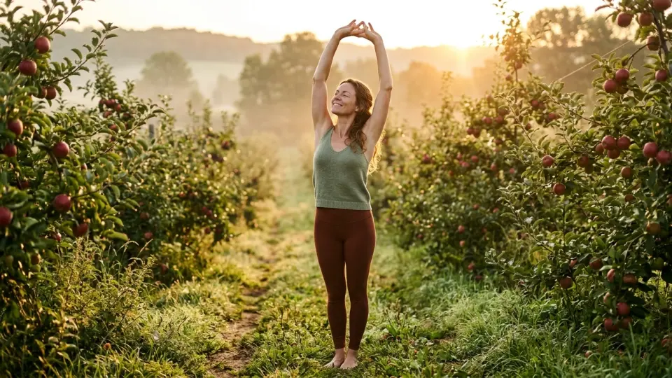 A Woman Stretching Peacefully in a Sunny Orchard During Sunrise for Daily Vitality