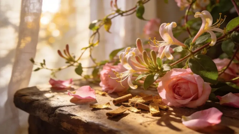 An aesthetic depiction of blooming honeysuckle, soft pink rose petals, and golden cinnamon bark reflecting pure morning light An aesthetic depiction of blooming honeysuckle, soft pink rose petals, and golden cinnamon bark reflecting pure morning light