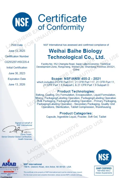 NSF cGMP Facility certificate for supplement manufacturing