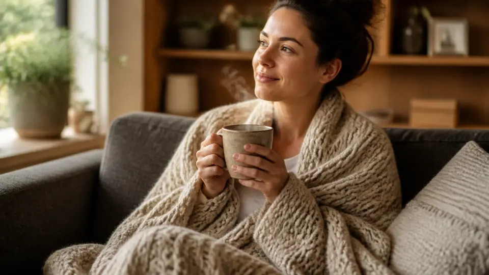A relaxed woman wrapped in a warm knit blanket holding a steaming cup of Ease Period Comfort Tea on a sofa