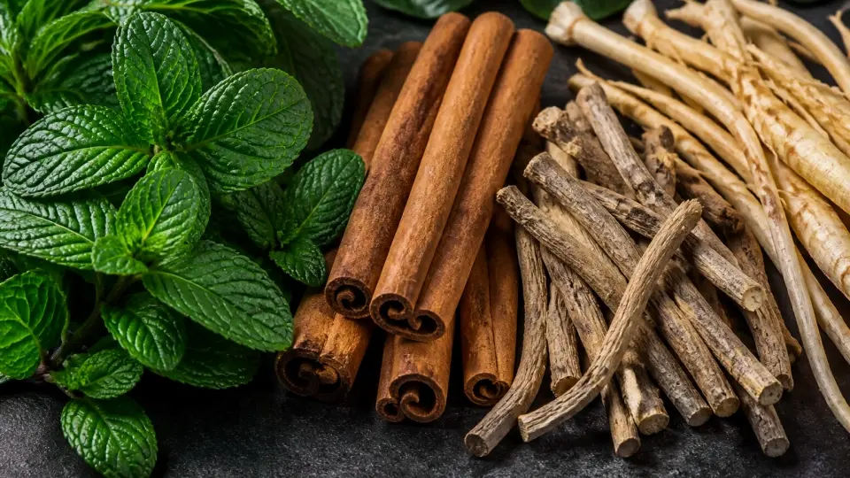 Premium whole-cut spearmint leaves, rich textured cinnamon bark, ashwagandha, and white asparagus roots on dark slate