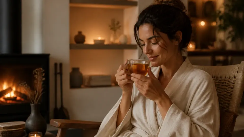 An elegant woman calmly enjoying a warm, relaxing cup of Spearmint Cinnamon tea in a serene setting An elegant woman calmly enjoying a warm, relaxing cup of Spearmint Cinnamon tea in a serene setting