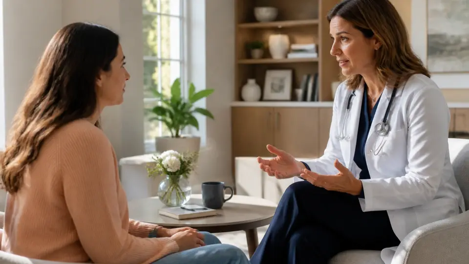 A professional and empathetic medical consultation between a doctor and a patient in a warm, comforting clinic A professional and empathetic medical consultation between a doctor and a patient in a warm, comforting clinic